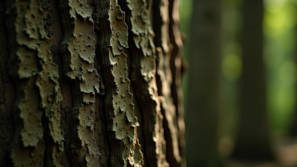 Detailní pohled na kmen stromu s zajímavou texturou kůry v botanické zahradě