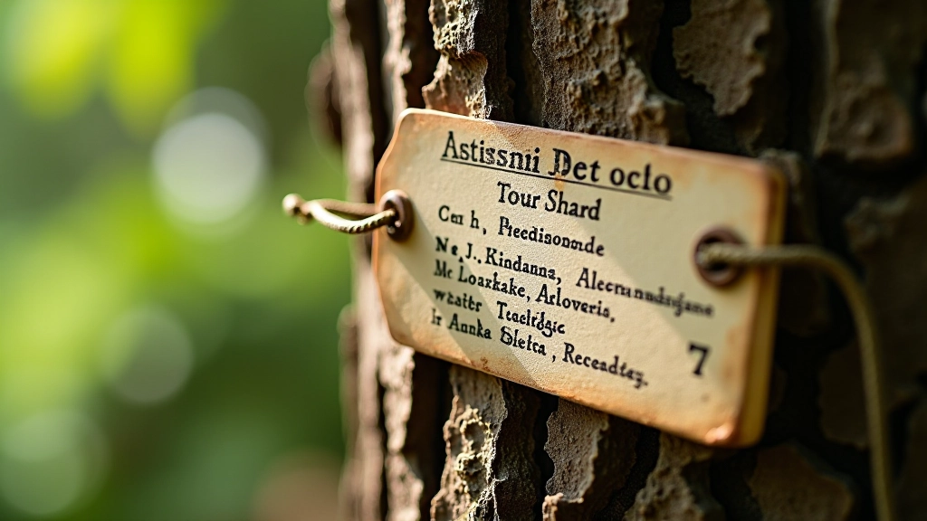 Detailní pohled na vědecké štítky připevněné na kmenech starých stromů v botanické sbírce